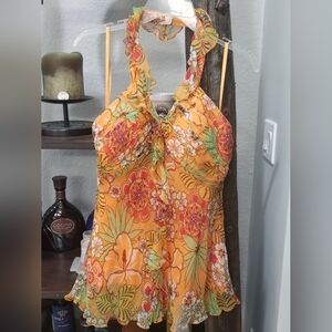Floral Halter Top - Orange and Green